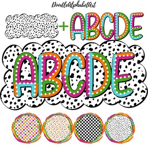 Polka Dot Playful Funky Alphabet PNG Bundle, 34 Dalmatian Backgrounds, Handwritten Colorful Doodle Font PNG, Instant Download for DIY Crafts
