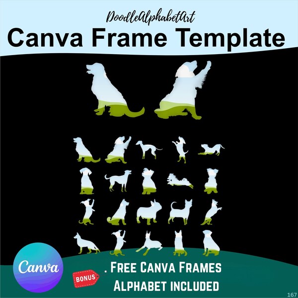 Canva Frames Dog Bundle, 20 Dogs silhouettes Canva Frames, Dogs Collection, Easy Drag and Drop Photo, Patterns or colors