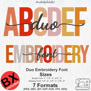 May include: A digital embroidery font design featuring the words "AB duo DEF" and "EMBROIDERY font" in a layered, colourful style. The design includes a red circle with "BX included" and details on font sizes and formats.