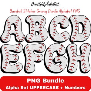 Może przedstawiać: Zestaw dużych liter od A do H w białym, czerwonym i czarnym wzorze ze szwami baseballowymi. Litery są w stylu kreskówkowym i mają postarzony wygląd. PNG Bundle Alpha Set UPPERCASE + Numbers