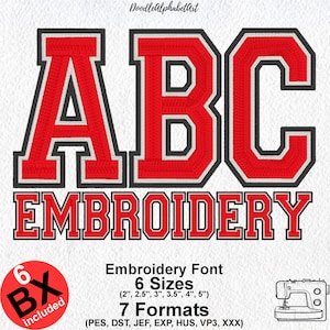 Three-color fill stitch Varsity Sport  Machine Embroidery Font Alphabet, 6 Sizes 7 Formats + 6 Native BX Files, Machine Embroidery Design BX
