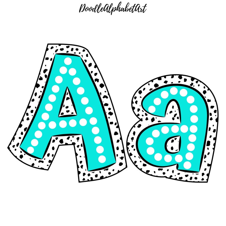 May include: A capital letter A and a lowercase letter a in a bold, black outlined font with a turquoise fill and white polka dots. The letters are set against a white background.