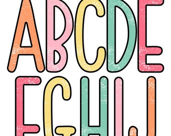 Grunge Doodle Letters PNG Bundle, 5 AlphaPacks, Distressed font in Teacher color palette, Digital Alphabets for instant Downloads
