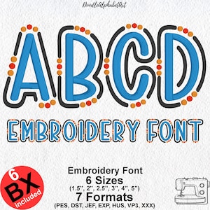 May include: An embroidery font design featuring the letters A, B, C, and D in a bold, blue, stitched style. The letters are outlined in black with orange and red accents. The words "EMBROIDERY FONT" are below the letters.