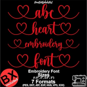 Può includere: Sfondo nero con testo rosso e disegni a cuore. Il testo include "abc", "heart", "embroidery" e "font". L'immagine include anche il testo "Dimensioni del carattere ricamo (3,8 cm, 5,1 cm, 6,4 cm, 7,6 cm)" e "7 formati".