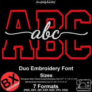 May include: Black graphic with the word "ABC" in red outlined letters, with the word "abc" in white script. The text "Duo Embroidery Font" and size details are below. Includes 7 formats.