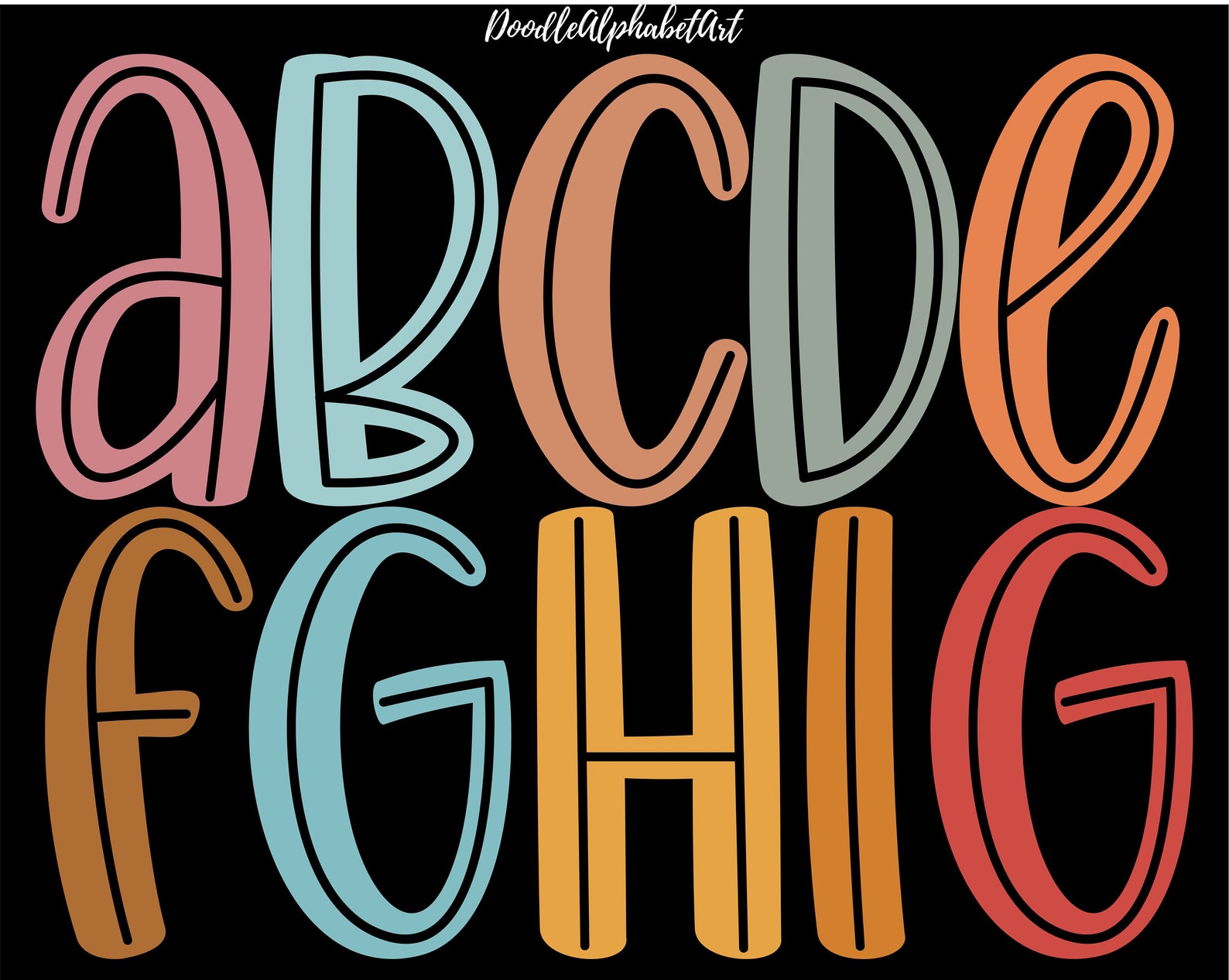 Center Line Scribble Letters PNG in 10 Colors, Bright Boho Doodle ...