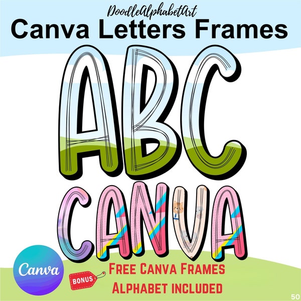 Scribble Canva Frame Letters, Digital Hand-drawn doodle Alphabet Comic Font, Easy Drag and Drop Photo or Patterns, Fill with your own Colors