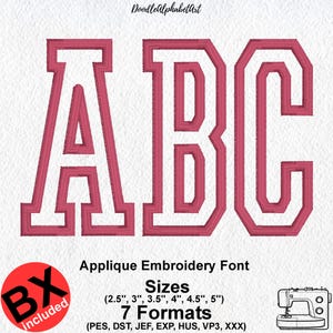 Op de afbeelding: Een applicatie borduurlettertype met de letters A, B en C in een vet bloklettertype. De letters hebben een wit midden met een dikke, donkerroze gestikte rand. De tekst bevat DoodleAlphabetArt, Applique Embroidery Font, maten 2,5, 3, 3,5, 4, 4,5, 5 inch, 7 formaten en BX inbegrepen.