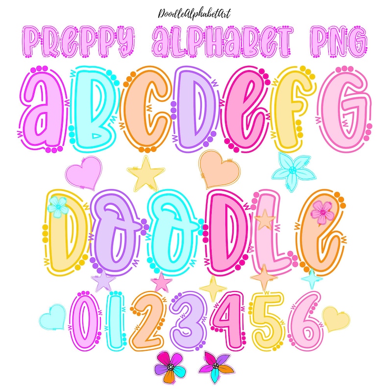 Preppy Doodle Letters PNG Bundle, 7 Colors Lines and Dots Alphabet, 44 ...