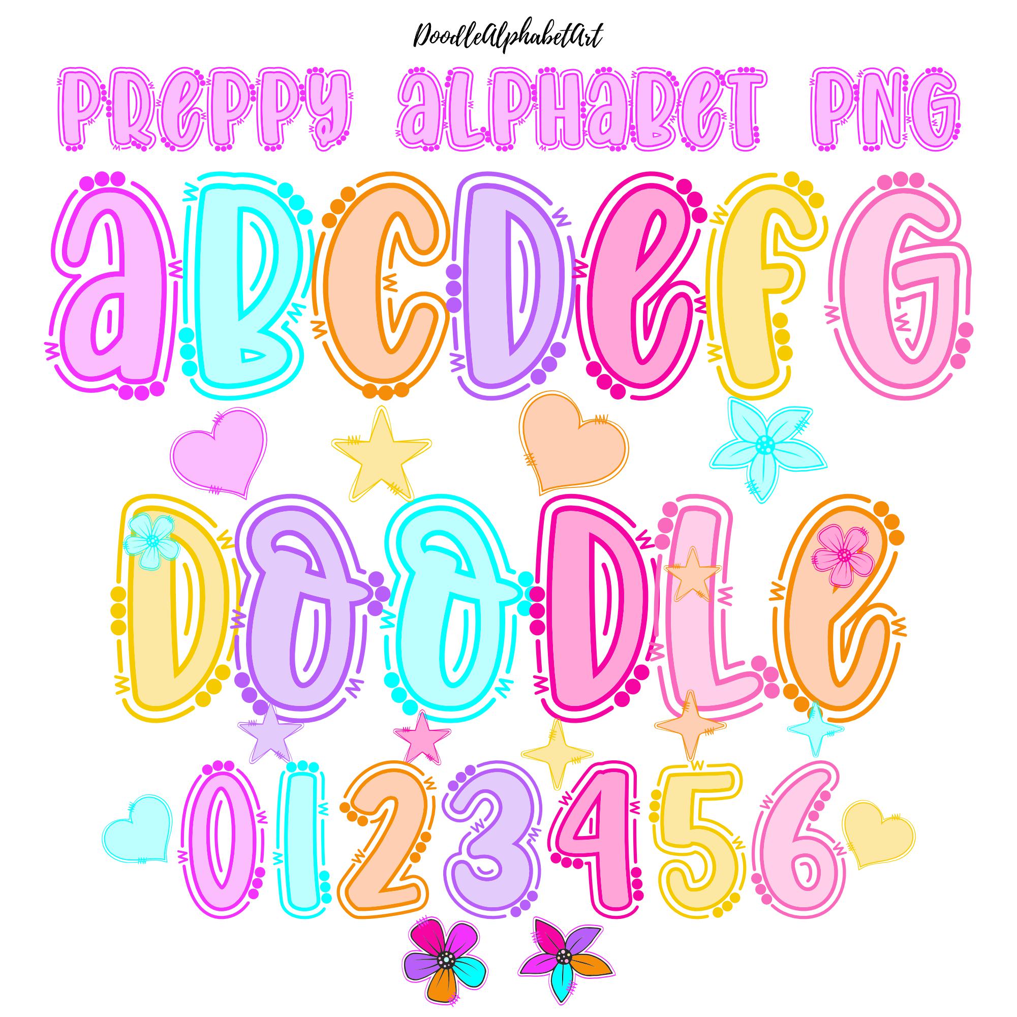 Preppy Doodle Letters PNG Bundle, 7 Colors Lines and Dots Alphabet, 44 ...