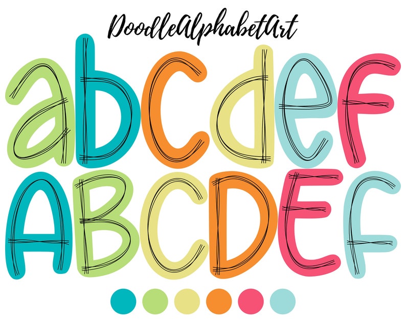May include: Doodle alphabet art featuring the letters A, B, C, D, E, and F in a variety of colors, including green, blue, yellow, orange, pink, and red. The letters are drawn in a simple, childlike style with a black outline.