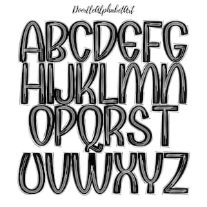 May include: Black and white alphabet letters with a doodle style design. Each letter is made up of multiple lines that create a textured look.