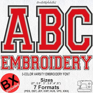 Three-color fill stitch Varsity Sport  Machine Embroidery Font Alphabet, 6 Sizes 7 Formats + 6 Native BX Files, Machine Embroidery Design BX