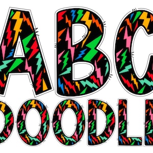 Colorful Retro Bolt Digital Alphabet Letters PNG, Hand Drawn Digital Doodle Alphabet Sublimation Clipart PNG