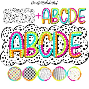 Polka Dot Vibrant Bright Funky Colorful Alphabet PNG bundle & 35 Dalmatian backgrounds, Handwritten Font Alphabet PNG, Digital Downloads