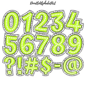 May include: A set of green and black numbers, punctuation marks, and the @ symbol. The numbers are outlined in black and have white polka dots. The punctuation marks and the @ symbol are also outlined in black and have white polka dots.