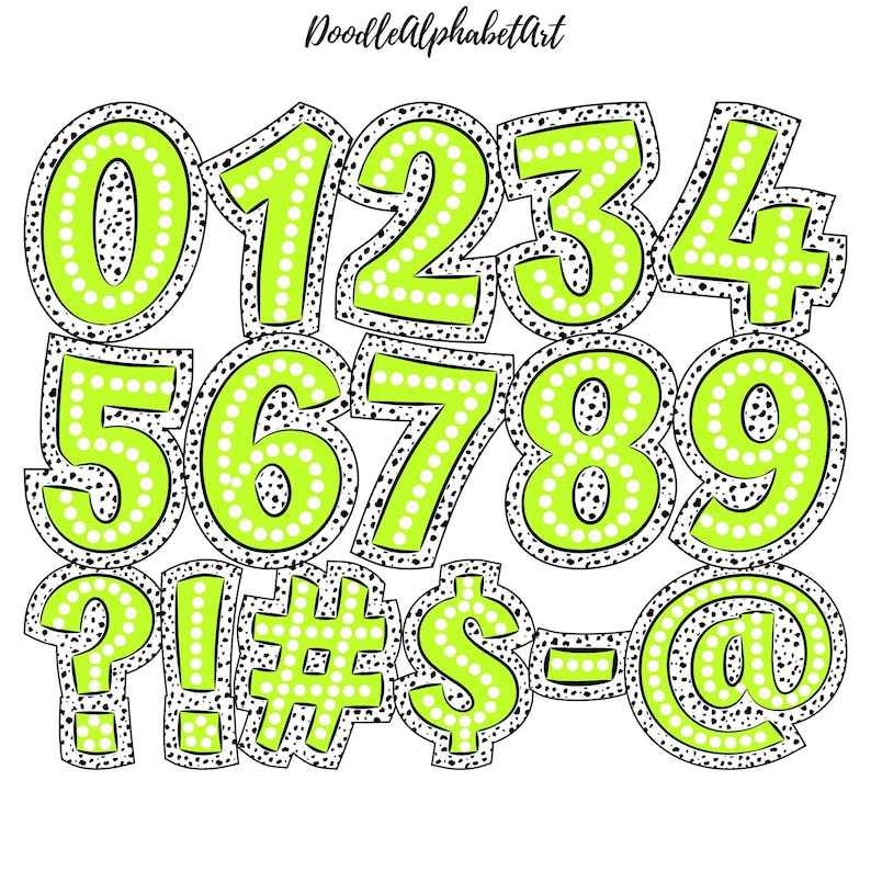 May include: A set of green and black numbers, punctuation marks, and the @ symbol. The numbers are outlined in black and have white polka dots. The punctuation marks and the @ symbol are also outlined in black and have white polka dots.
