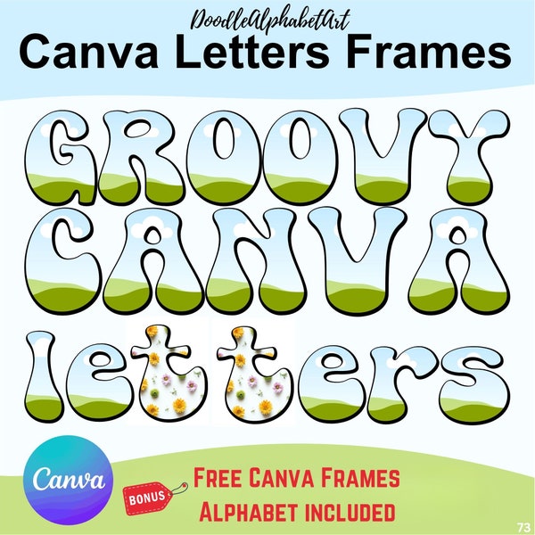 Canva Letters Frames feat. Retro Groovy Font, Uppercase, Lowercase and Numbers, Digital Hand-drawn Doodle Alphabet Editable Canva Template