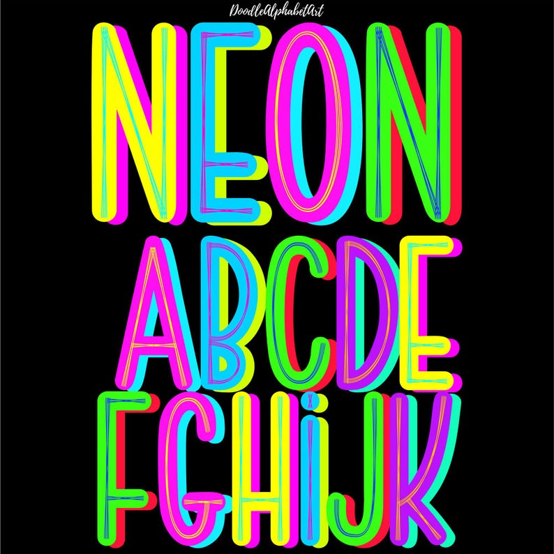 Bright Neon Scribble Doodle Letters PNG Sublimation printing
