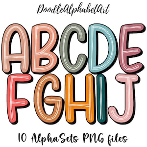 White Scribble Doodle Alphabet PNG Bundle, Block Shadow PNG font, Boho Color Palette, Handwritten Comic Font Alphabet PNG, Digital Downloads