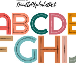 May include: A colorful alphabet with a doodle style design. The letters are in a variety of colors, including red, orange, yellow, green, blue, and purple. Each letter has a unique design with black lines.