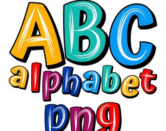 Kindergarten colorful alphabet letters PNG, White Brush Stroke, Block Shadow, Handwritten font Alphabet PNG, Digital Downloads