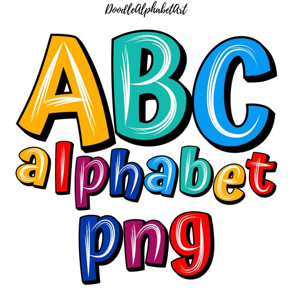 Kindergarten colorful alphabet letters PNG, White Brush Stroke, Block Shadow, Handwritten font Alphabet PNG, Digital Downloads