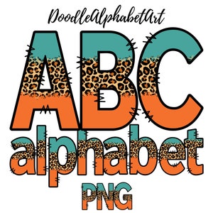Könnte beinhalten: ABC-Alphabet in Orange und Türkis mit Leopardenmuster. Die Buchstaben sind schwarz umrandet und haben einen genähten Effekt.