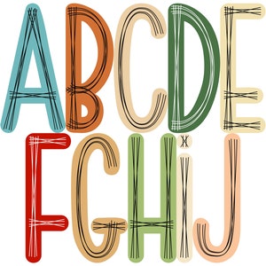 Scribble letters PNG 10 Colors, Neptune, Brownish Orange, Desert Sand.., Boho Doodle Digital Alphabet PNG Bundle, Hand Drawn Sublimation PNG