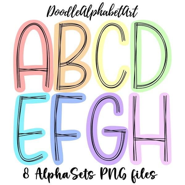 Scribble Doodle Alphabet Letters PNG Bundle, Pastel Color Palette, Handwritten Comic Font Alphabet PNG, Digital Downloads