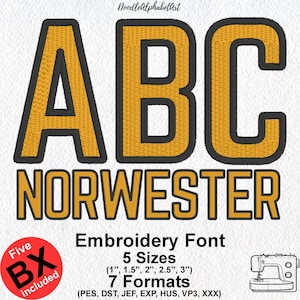 May include: Embroidery font design for the letters ABC and the word NORWESTER. The font is in a bold, blocky style with a yellow fill and black outline. The design is available in five sizes: 1 inch, 1.5 inches, 2 inches, 2.5 inches, and 3 inches. It is also available in seven formats: PES, DST, JEF, EXP, HUS, VP3, and XXX.