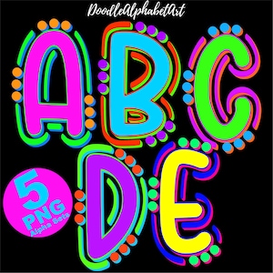 May include: Colorful digital art featuring the letters A, B, C, D, and E in a bold, outlined style. Each letter is a different vibrant color, with a black background. A pink circle with the text "5 PNG Alpha Sets" is also present.