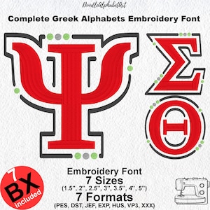May include: A digital embroidery font featuring complete Greek alphabets. The design includes the letters Psi, Sigma, and Theta in red with black and white outlines. The font comes in 7 sizes, ranging from 1.5 to 5 inches, and 7 formats. A sewing machine is shown.
