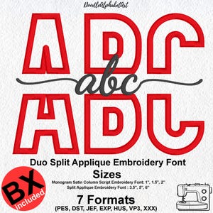 May include: A digital embroidery design featuring the letters A, B, and C in a red split applique style with a black script font overlay. The text reads Duo Split Applique Embroidery Font, Sizes, Monogram Satin Column Script Embroidery Font: 2.54 cm, 3.81 cm, 5.08 cm, Split Applique Embroidery Font: 8.89 cm, 12.7 cm, 15.24 cm, 7 Formats (PES, DST, JEF, EXP, HUS, VP3, XXX) and BX included.