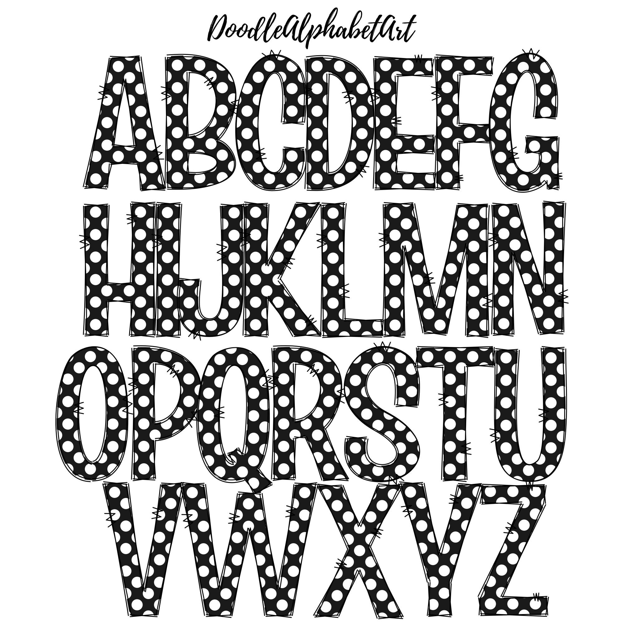 Black and White Polka Dot Doodle Alphabet PNG Bundle, Uppercase