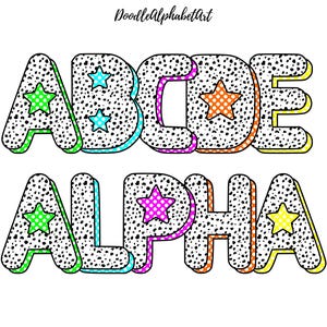 Star Dalmatian Doodle Alphabet Letters PNG Bundle, Bright Color Palette, 5 Dalmatian Dot Alpha Sets, Digital Download Crafts