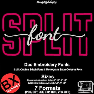 Może przedstawiać: Cyfrowy zestaw czcionek do haftu zatytułowany Split Font z różowymi literami konturowymi i białym tekstem skryptowym. Zawiera Duo Embroidery Fonts, Split Outline Stitch Font, Monogram Satin Column Font oraz format BX. Rozmiary od 2,54 cm do 21,59 cm.