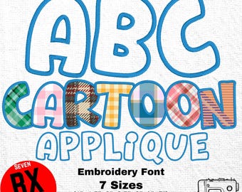 Cartoon Applique Embroidery Font: Satin Stitch, 7 Sizes Native BX files