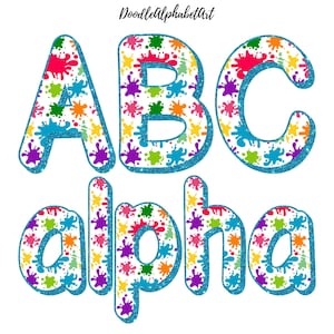Handwritten Doodle Alphabet Letters PNG, Paint Splats Pattern And Blue Glitter Border, Hand Drawn Sublimation PNG Designs Digital Downloads