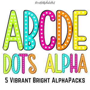Polka Dot Alphabet PNG, Vibrant Bright Color Palette, 5 AlphaPacks, Tall Font Style Dots Letters, Alpha Doodle Digital Download