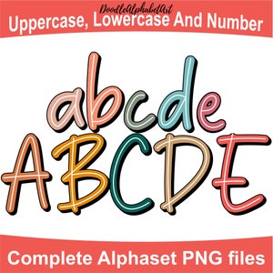 Complete Hand Drawn White Center Line Doodle Alphabet Letters PNG Bundle, Retro Handwritten font PNG feat. Boho Color Palette, Clipart PNG