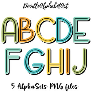 Black CenterLine Doodle Alphabet letters PNG Bundle, Block Shadow, Fall Color : Bright Sun, Cantaloupe, ..., Natural Handwritten Comic Font
