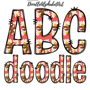 Daisy Flower Doodle Alphabet PNG in Bean Red Color, Hand Drawn Floral letters font for Sublimation Designs and printings Digital Downloads