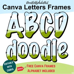 Canva Frames Alphabet Font, Editable Doodle Letters handwriting font feat. Block Shadow, Drag and Drop Photos or Patterns, Fill custom color