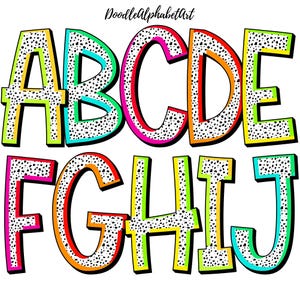 Funky Colorful Dalmatian Alphabet PNG Bundle, 5 Hand-drawn Doodle Alpha Pack, Digital Polka Dot Letters for Crafts and Sublimation designs