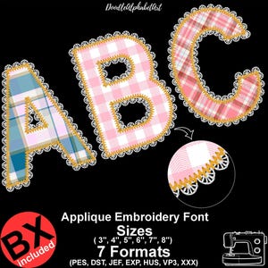 May include: Applique embroidery font showing the letters A, B, and C in a plaid design. The letters have a white lace trim and gold accents. The image includes the text "Applique Embroidery Font" and size options from 7.6 cm to 20.3 cm.