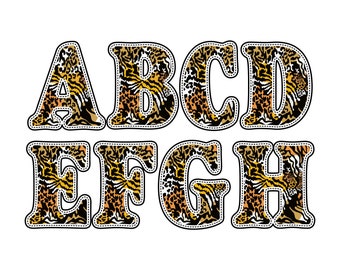 Doodle letters Alphabet PNG, Leopard abstract mixed with Tiger, Zebra, Cheetah, seamless pattern with animal skin motifs Sublimation or DIY