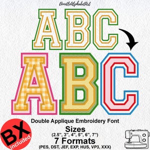 May include: A colorful double applique embroidery font featuring the letters ABC. The letters are in various colors, including green, yellow, pink, and red, with a plaid pattern in the letter A. The image includes the text "Double Applique Embroidery Font" and size options.