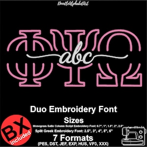 Puede incluir: Diseño de fuente de bordado rosa y blanco sobre fondo negro. El diseño incluye letras griegas y las letras "abc" en una fuente cursiva. La imagen también incluye el texto "Duo Embroidery Font" y detalles de tamaño.